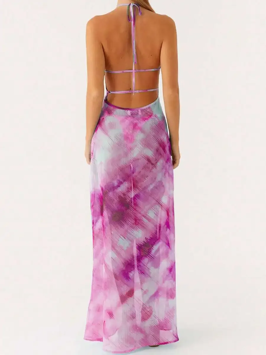 

Women Long Print Tie-Up Halter Neck Backless Sleeveless Summer Dress