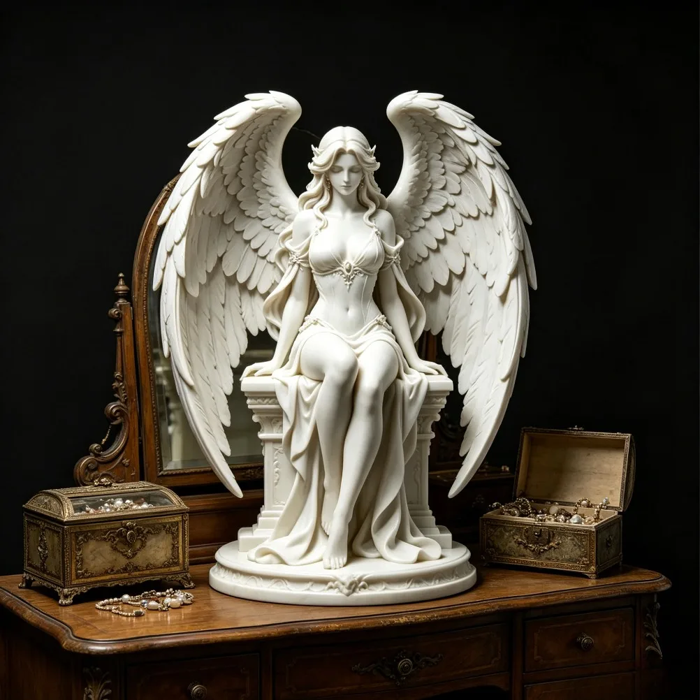 Graceful Sitting Winged Goddess Sculpture Neoclassical 3D Printing Angel Figurine Layered Feather Wings Tabletop Decor