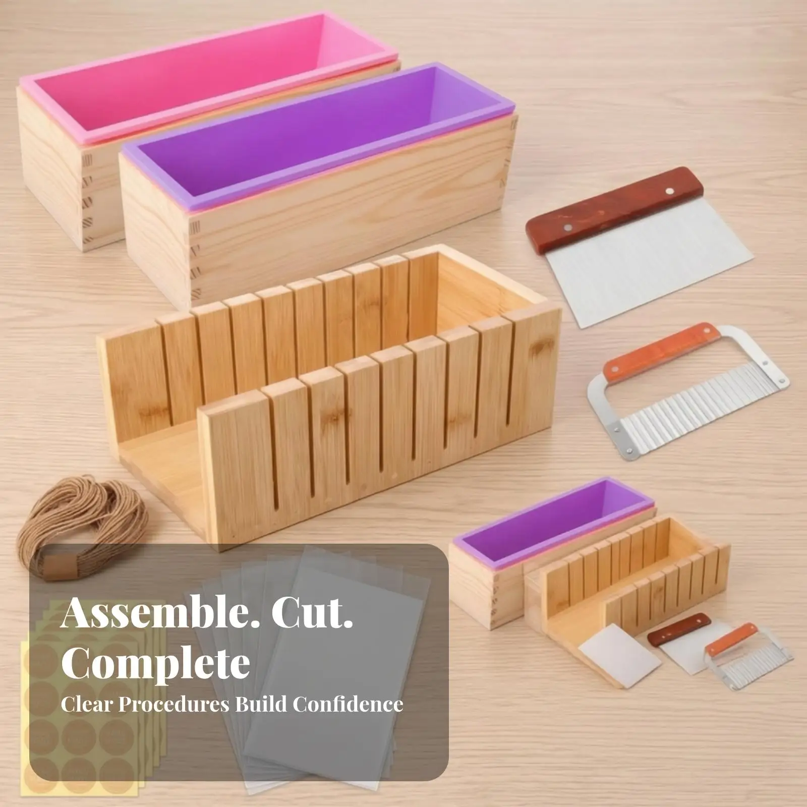 Soap Making Accessories Set with Wooden Frame Silicone Mold and Cutters for Crafting Homemade Soaps with Ready Wrap Supplies