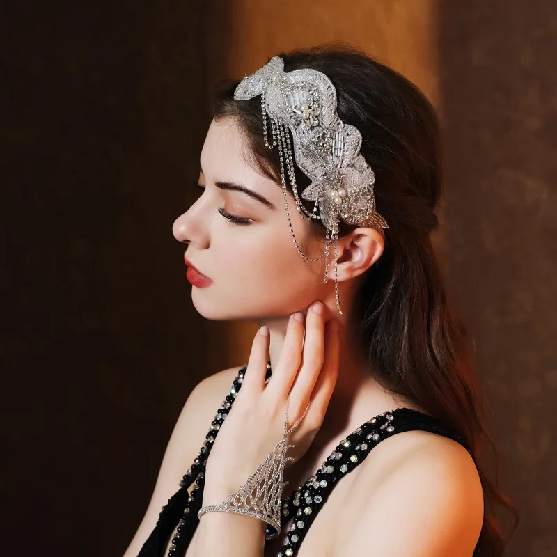 

Ancient Style Bride Hair Accessories Tassel Hair Strap Handmade Beads Headwear for Bridal