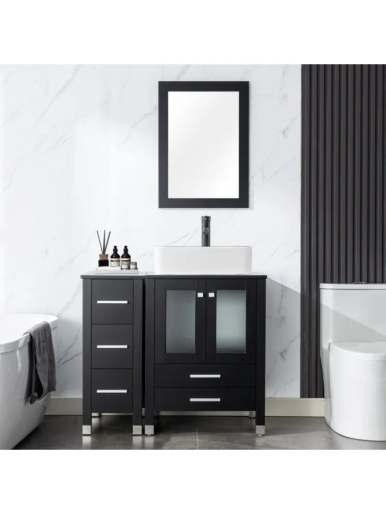 

36-дюймовая комбинированная раковина для ванной комнаты Elegant Series с боковым шкафом, конструкцией из массива дерева и окрашенной рамой, включая