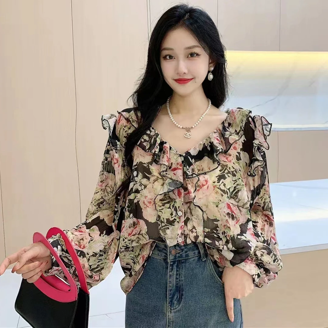 2024 New Spring Autumn Women V-Neck Pleated Long Sleeve Loose Blouse High Quality Sweet Ruffles Chiffon Floral Shirt