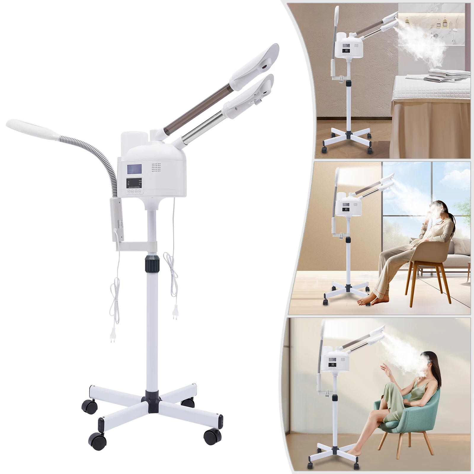 Professioneller 3-in-1 Gesichtsdampfer Kosmetikdampfer Tiefenreinigung mit Heiß- und Kaltdüse LED-Lupenlampe Schönheitssalon Spa