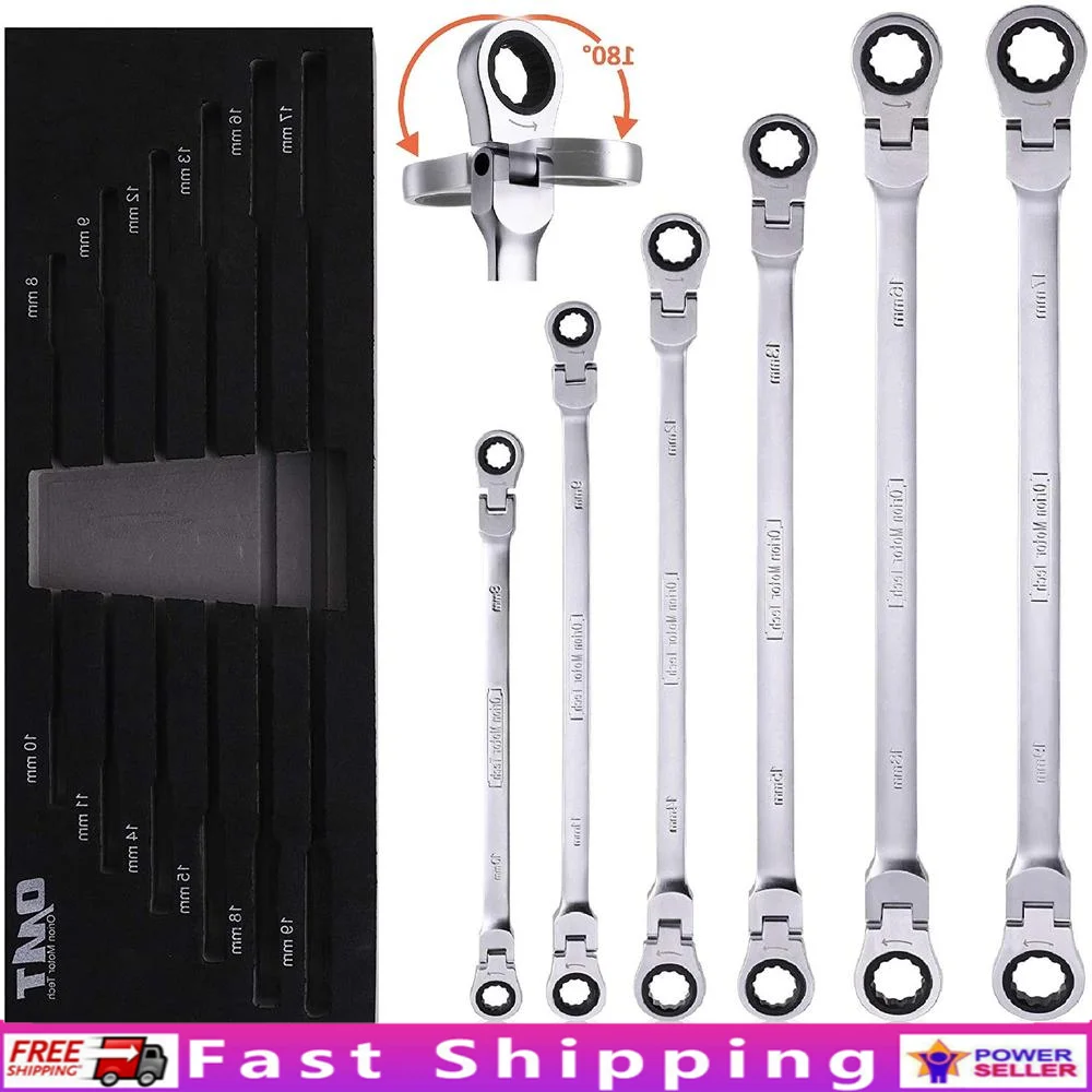 Juego de llaves de trinquete de engranaje Extra largo métrico de 6 piezas XL mango extendido cabeza flexible 8-19mm acero al cromo vanadio resistente 72