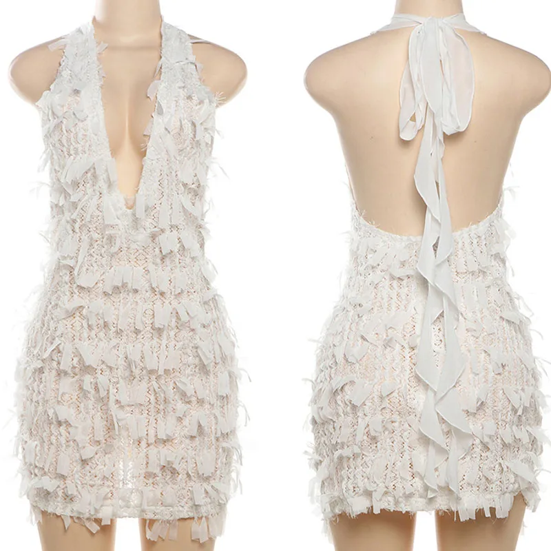 Doyerl شير شرابة Bodycon فستان قصير المرأة عيد ميلاد النادي الليلي حفلة الرسن الخامس الرقبة عارية الذراعين غمد مثير فساتين قصيرة عطلة