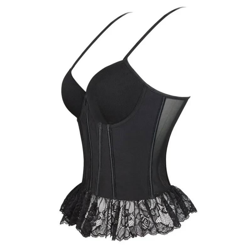 Lace Skirt Corset Double Strap Cup Bra Lingerie Women Breathable Mesh Corsets Adjustable Strap Back Buckle Corselet Vest Black