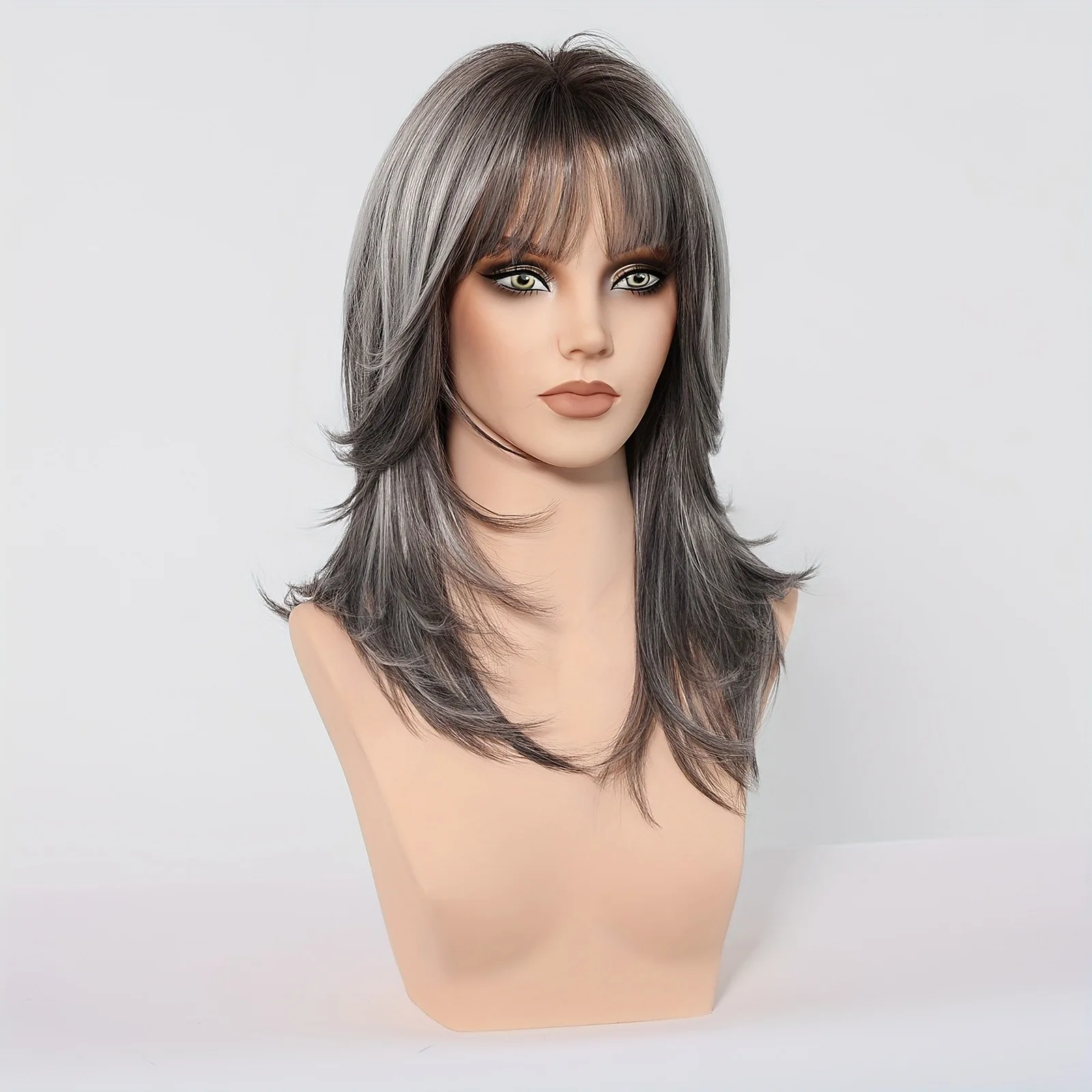 Dark Gray Silver Highlight Medium Layered Straight Synthetic Wig Bangs Women Natural Halloween Party Cosplay Costume Hairpiece
