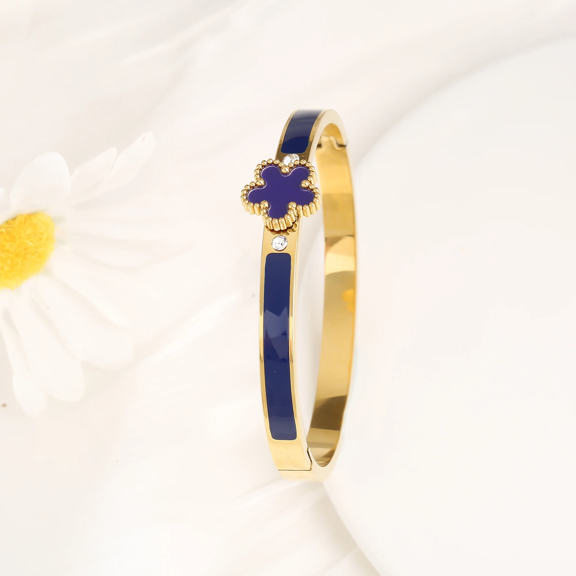 Luxury Five Leaf Flower Open Bangle, Classic Enamel Design