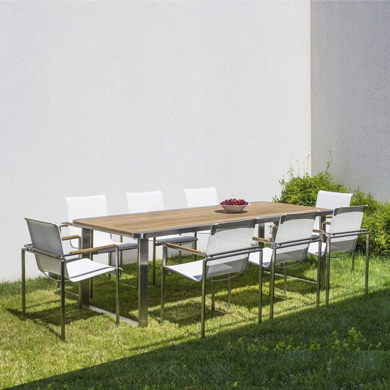 

Modern Outdoor Dining Table Set Aluminum Wood Top for Garden Hotel School with Chair