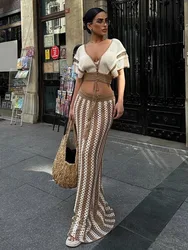 Summer Knitted Beach Skirt Sets Women Sexy Hollow Out Slim Bohemian Outfits Fashion Striped Holiday Two Piece Set 2024 Beachwear