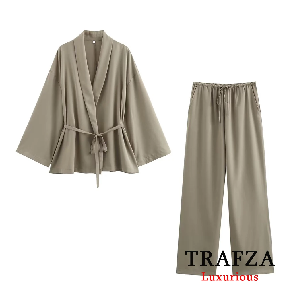 TRAFZA Vintage Loose Women Suits Long Sleeve V Neck Sashes Kimono Jackets+High Waist Wide Leg Pants Fashion 2024 Summer Sets