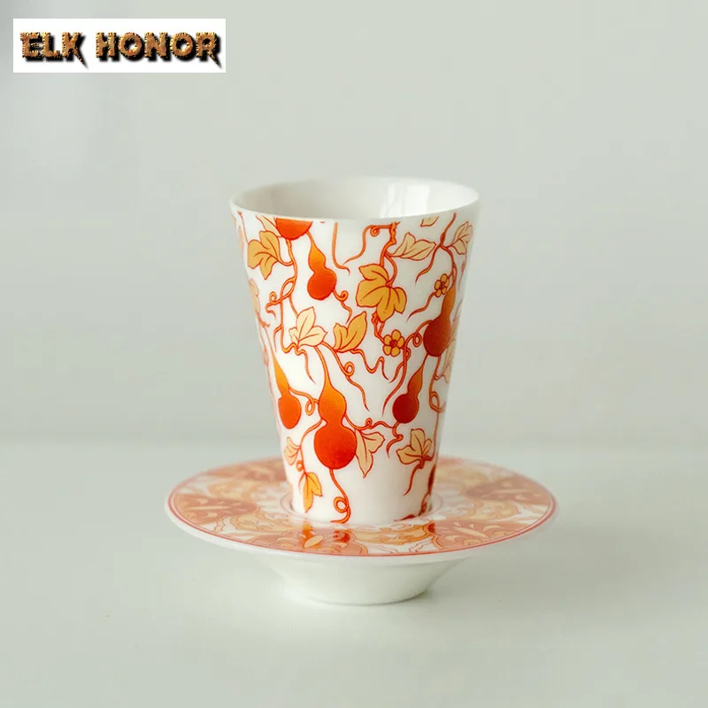 

35ML Exquisite Gourd Vine Ceramic Tea Cup With Coaster Single Master Cup Smelling Fragrant Mugs Cup Saucer Kit Kung Fu Teaset