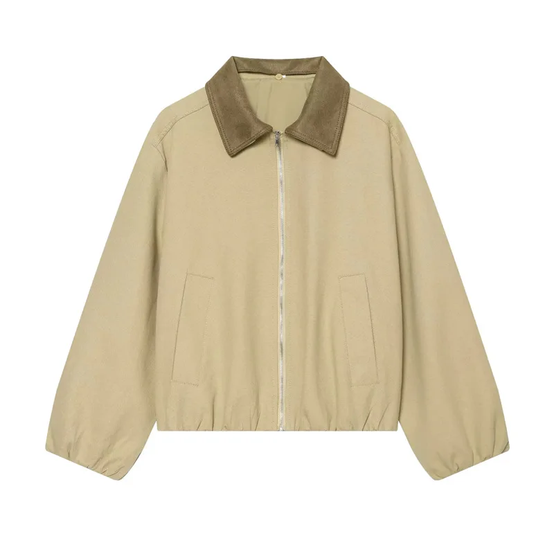 Maxdutti Minimalist Women's Autumn And Winter New Item Lapel Color Blocked Zipper Bomber Jacket Women's Jacket Woman Clothes Top