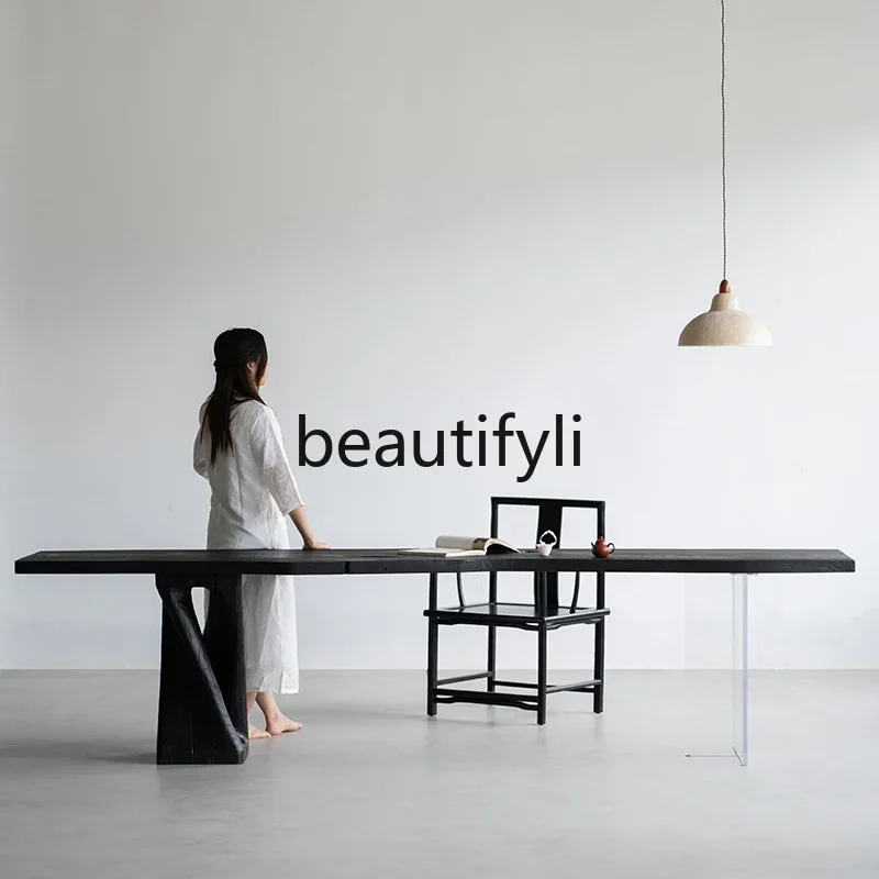 

Asmt14 New Ash wood wabi sandy wind log acrylic carbonized dining table black tea table desk