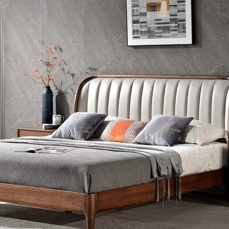 Black walnut solid wood bed, leather soft backrest Italian simple master bedroom wedding bed