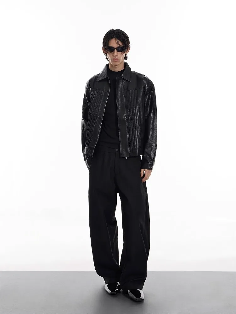 Mauroicardi Autunno Fresco Bello Lungo Flowy Nero Doppia Cintura Pantaloni Dritti per Gli Uomini Allentati Abiti di Design di Lusso 2025