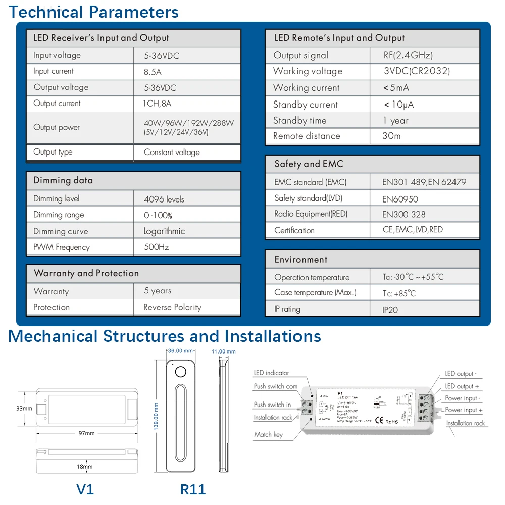 Dimmer 12V 24V 36V 5V DC 8A 2.4G RF PWM Wireless Touch Remote for Single Color LED Strip Light Switches Dimmer Controller V1 R11