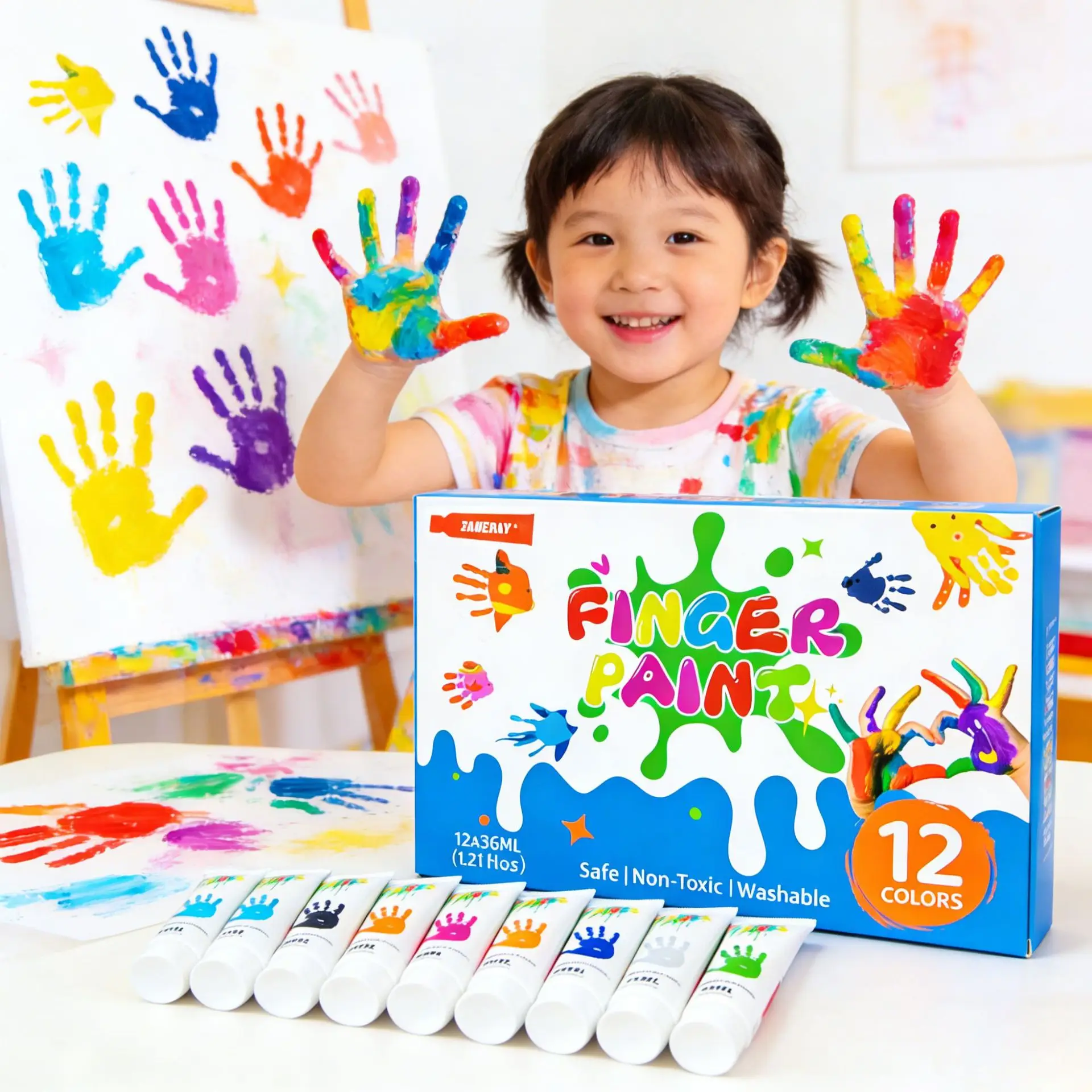 12 Colors Washable Finger Paint for Kids 36ml Tube Non-Toxic & Safe for Toddlers’ Handprint Art, DIY Crafts & Classroom Projects