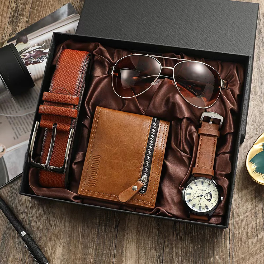 Fashion Watch Men Luxury Gifts Set Men's Quartz Wrist Watch Top Quality Belt Folding wallet Sunglasses For Father Male's Present