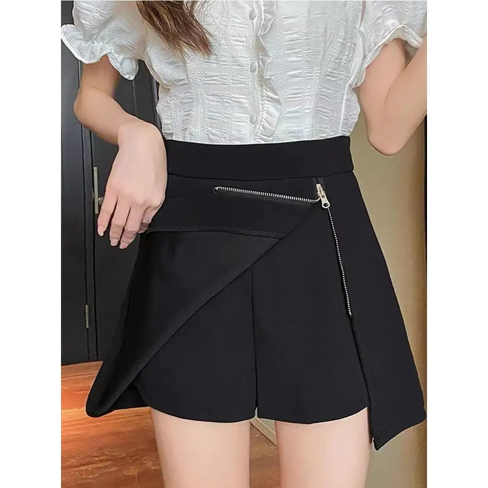 

Широкие шорты с высокой талией и молнией, имитирующие двухслойность, в корейском стиле, для похудения, летние, модные, для женщин