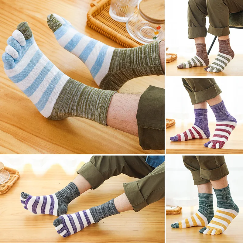 5 Đôi Tất Nam Harajuku Năm Ngón Tay CrewSocks Mans Bé Trai Retro Hàn Quốc Giữa Ống Lớn Sọc Cotton Dày Dặn Ấm Thường Ngày tất Có Ngón Chân