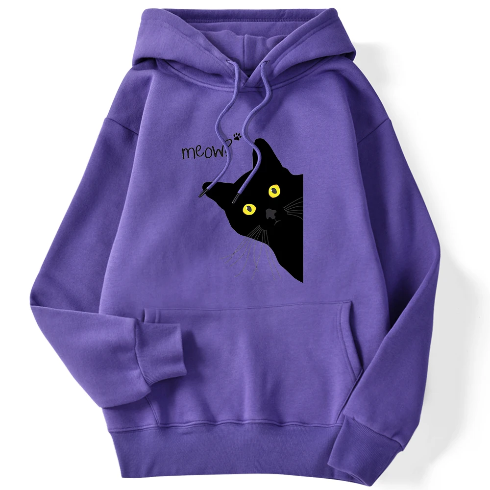 Winter Women Hoodies Meow Black Cat Printed Pullover Pocket Drop Sleeves Hoody Breathable Loose Sweatshirts Cute Ladies Clothes