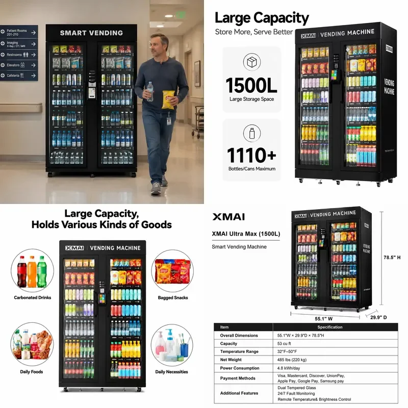 for XMAI 1500L Commercial Snack and Drink Vending Machine with Cashless Payment Remote Stock Monitoring for Offices and Gyms