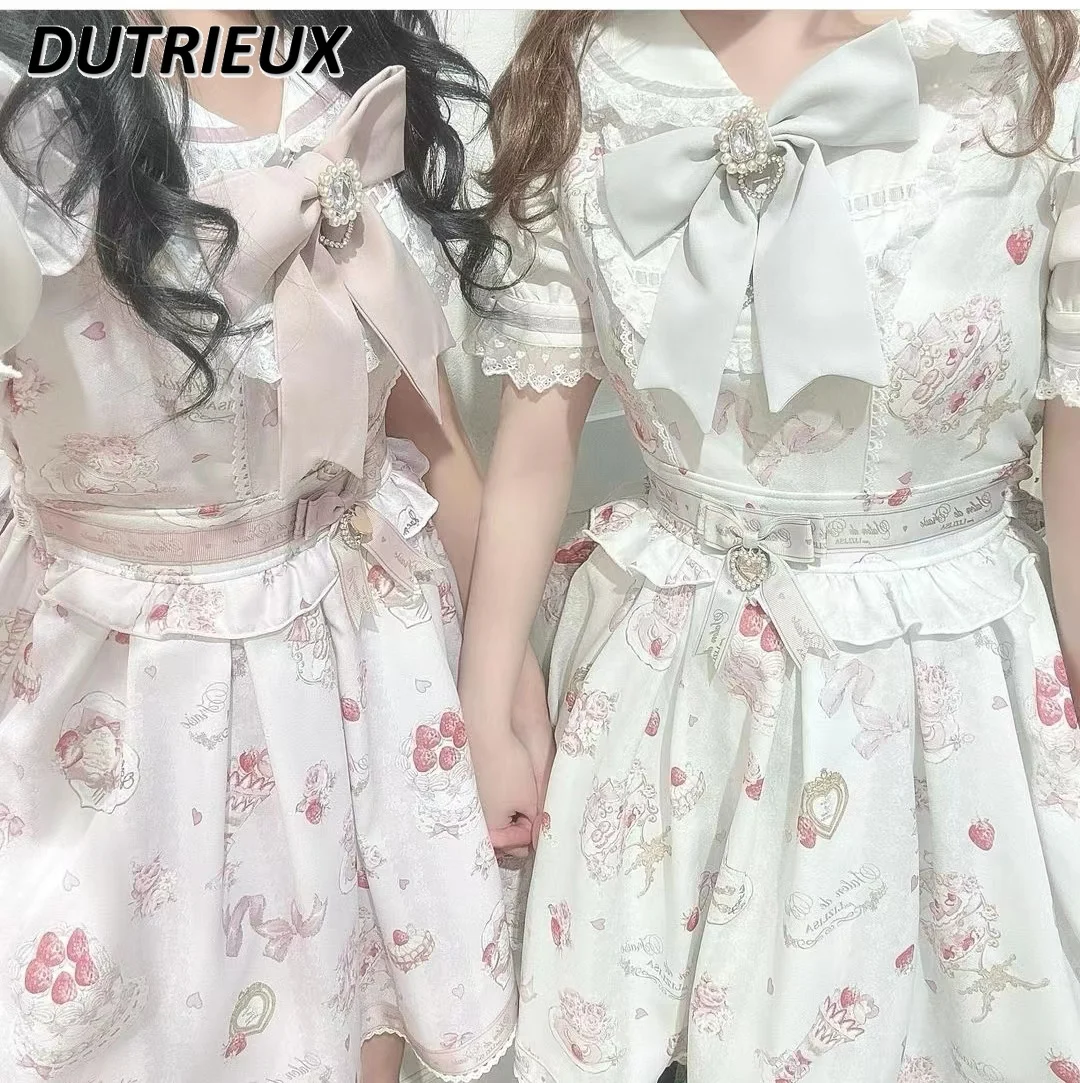 Japanese Sail Collar Short Sleeve Dress Female 2024 Spring Summer New Strawberry Cake Flowers Midi Dress Student Lolita Dresses