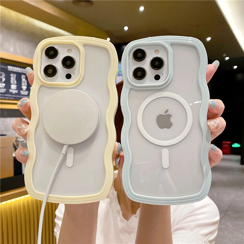 For iPhone 15 Pro Max Luxury Magsafe Magnetic Candy Wavy Lines Phone Case For iPhone 11 12 13 14 15 Plus Frame Protective Cover