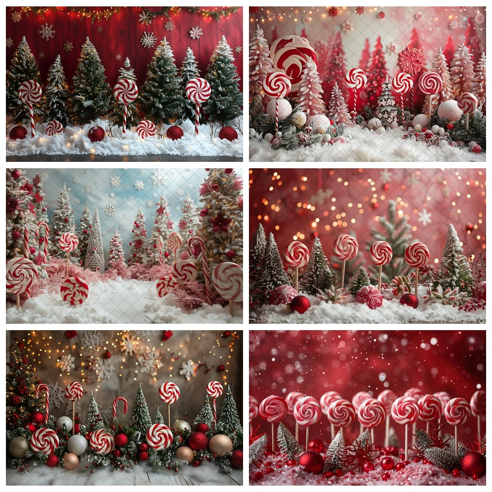 

Winter Red Christmas Background Children Adult Family Photography Candy Lollipop Snowflake Christmas Tree Decoration Props