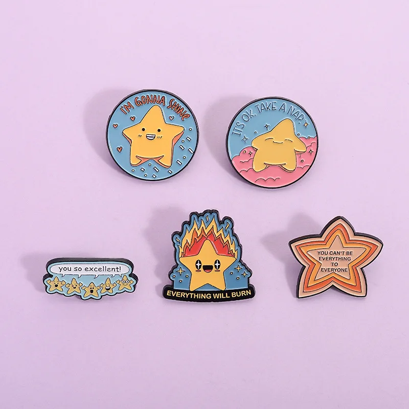 4Pcs Cute Star Enamel Pins Set Funny Positive Slogan Brooches Kawaii Relaxing Lapel Badges Gift