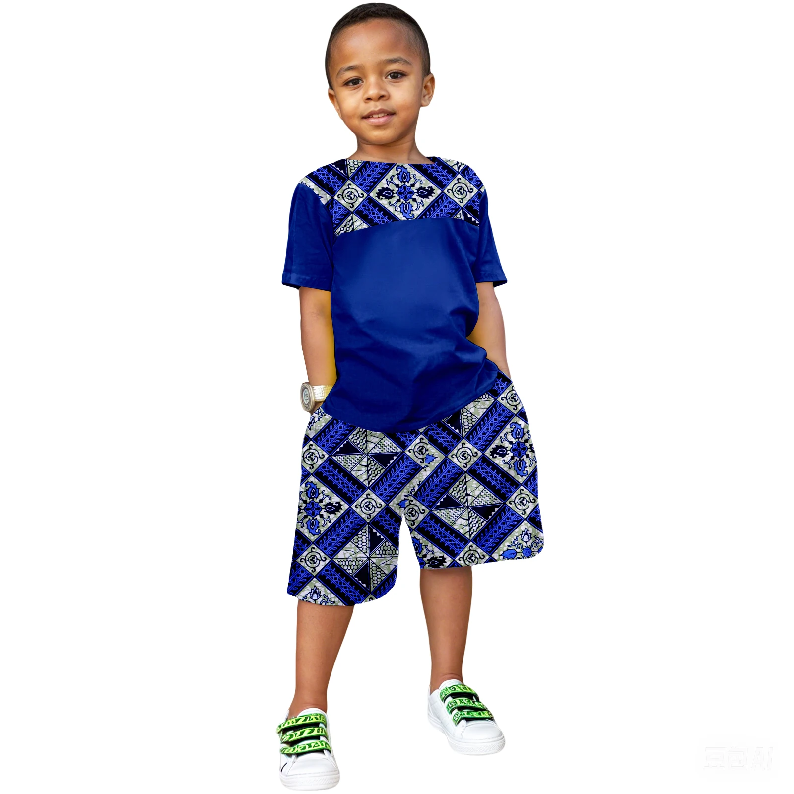 

Африканская детская одежда Анкара Дашики, традиционный топ с короткими рукавами, рубашка и шорты, комплект из 2 предметов, одежда для мальчика