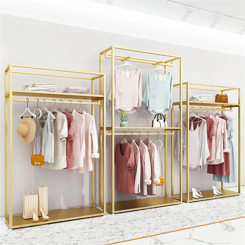 Clothing store display rack floor-standing high-end women's clothing store display shelf wrought iron rack double-layer gold han
