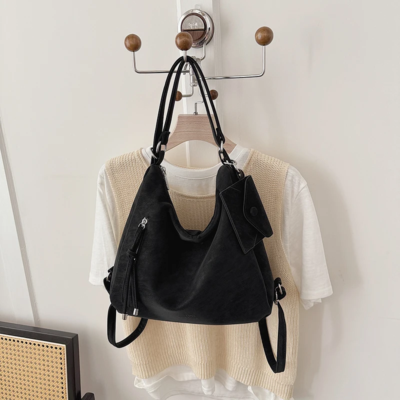 Vintage Distressed Faux Leather Hobo Bag Women Multi Zipper Pocket Shoulder Bag Adjustable Strap Crossbody Underarm Bag