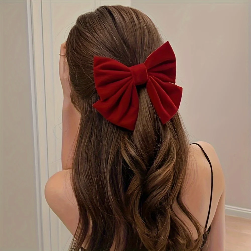 Rote Samt-Haarspange mit großer Schleife und Haarnadel, sanftes Mädchen, Prinzessin, Kopf, Hinterkopf, oberer Clip, Pony-Clip – Detail 2