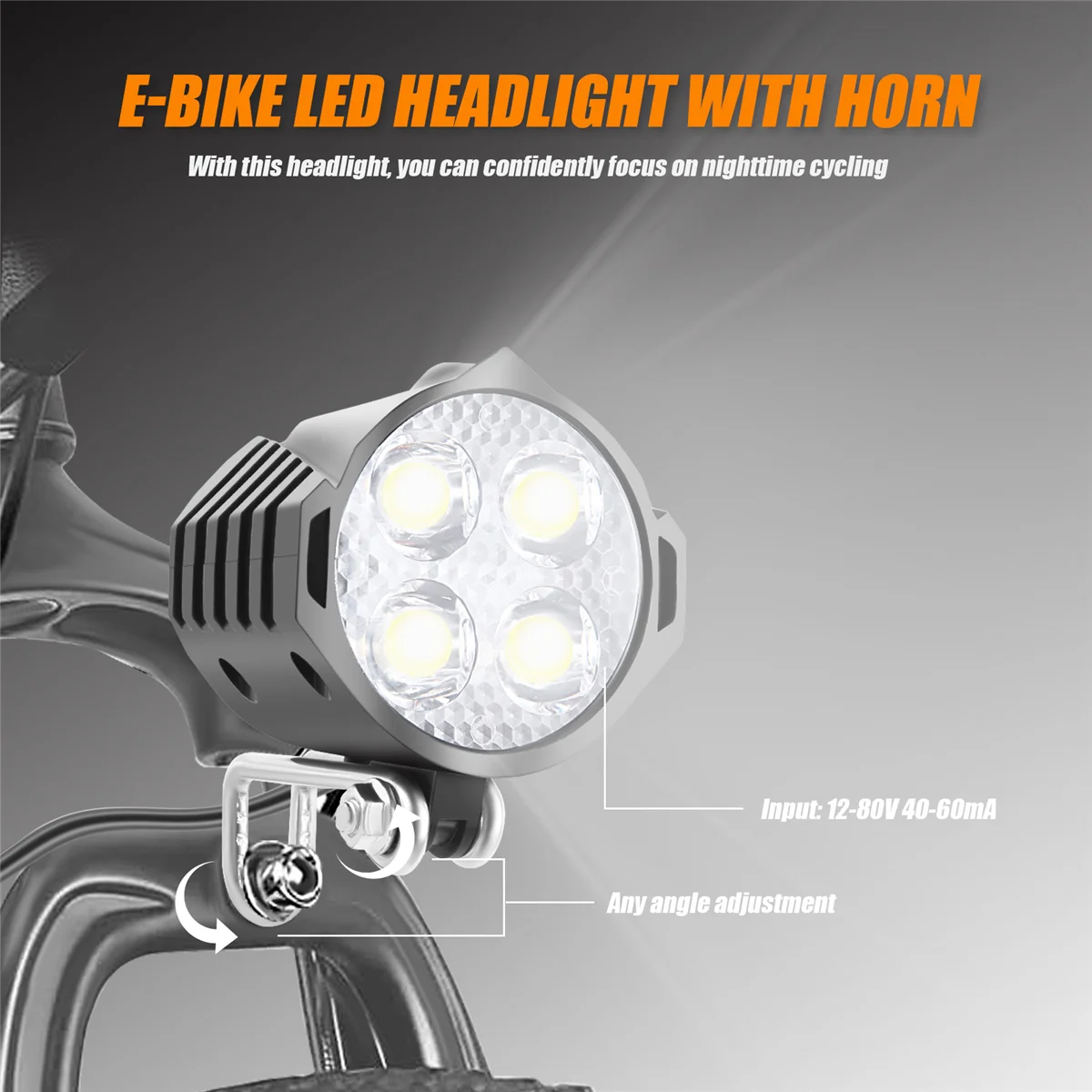 E-Bike Led Headlight 12V 24V 36V 48V 60V 72V Bicycle Light with Horn Waterproof Front Headlight