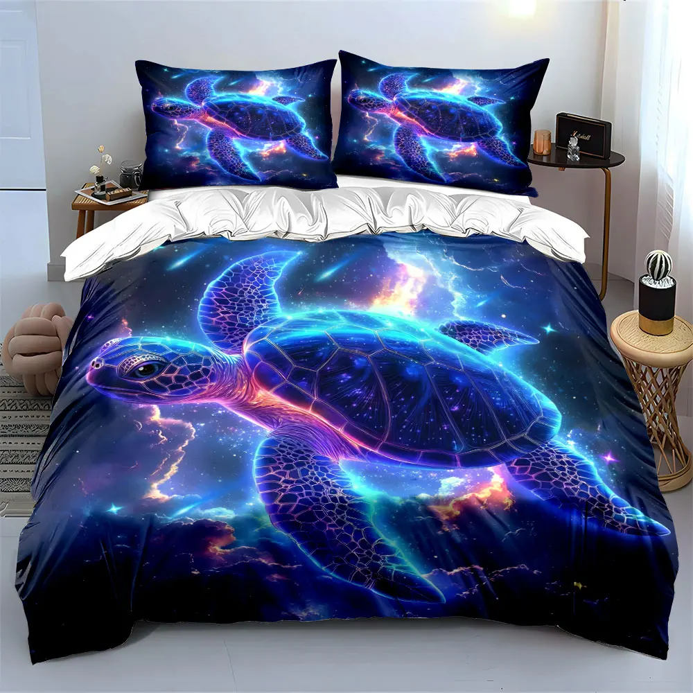 Neon cosmic sea turtle dream Print Bedding Set 1 Duvet Cover 2 Pillowcases for Adult and Children Luxury Gift Full Size
