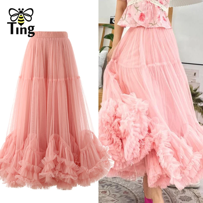 Tingfly Designer Runway Fashion Mesh Sheet Cascading Ruffles A Line Long Skirts All Season Chic Streetwear Bottoms