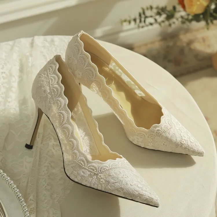 

2026 Embroidered Lace Wedding Bride Shoes White High Heels Wedding Shoes Women Spring