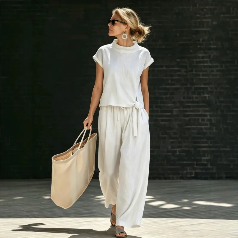 2026 New Summer Women's Pants Set Solid Color Button V-neck Elegant Retro Style Formal Fashion Comfortable Commuter Pants Set