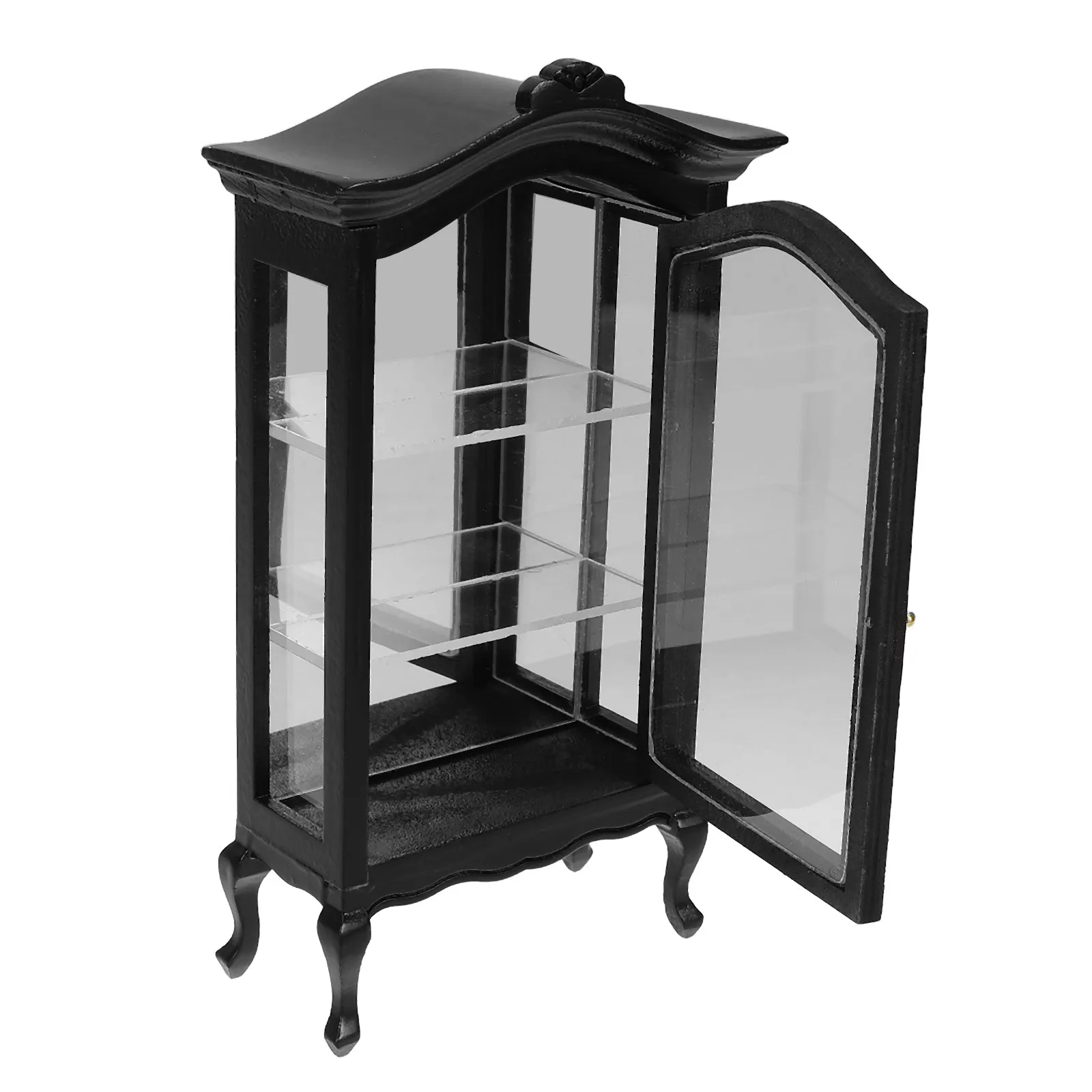 

Miniature Furniture Cabinet 1:12 Scale Wooden Curved Top Display Shelf for Dollhouse Decoration Accessories Dollhouse Bookshelf