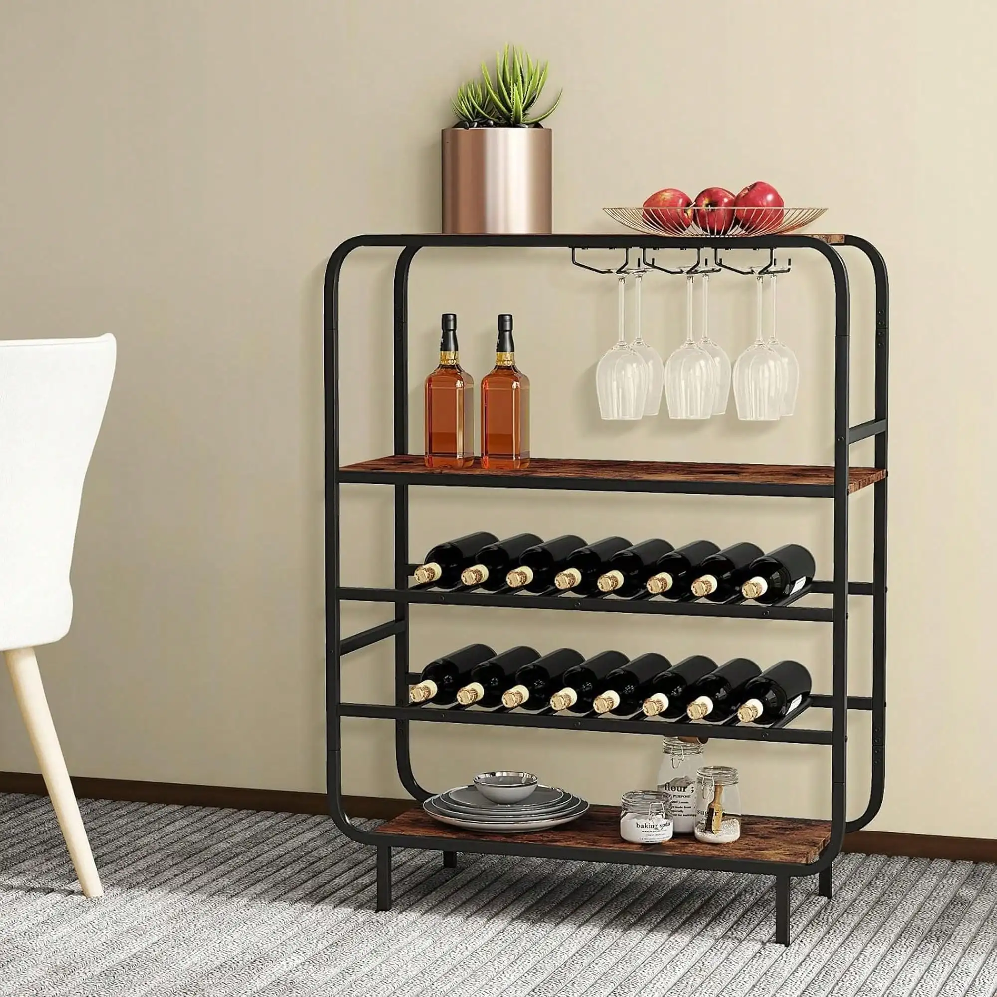 

16 Bottle Wine Rack, Freestanding Floor 5-Tier Wine Display Shelf W/Glass Holders, Metal Frame Industrial Liquor Display Stand With Storage Shelf For Kitchen, Home Bar