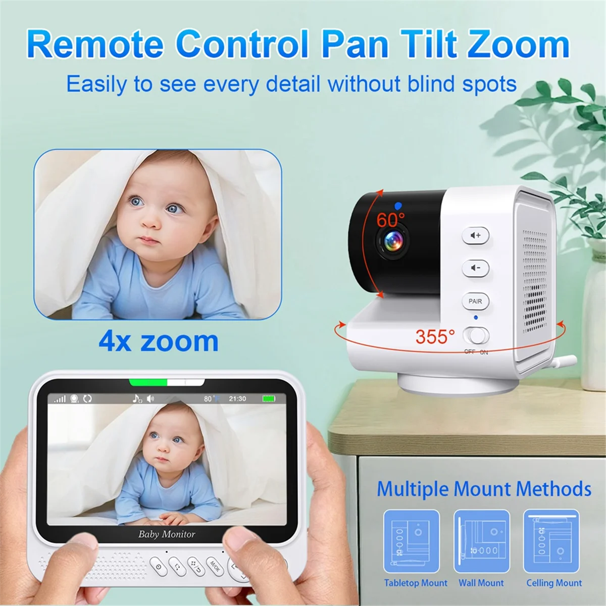 A002 7Inch Video Baby Monitor Security Protection IR Night Vision Pan Tilt Zoom Video Surveillance Temperature Sensor,EU Plug