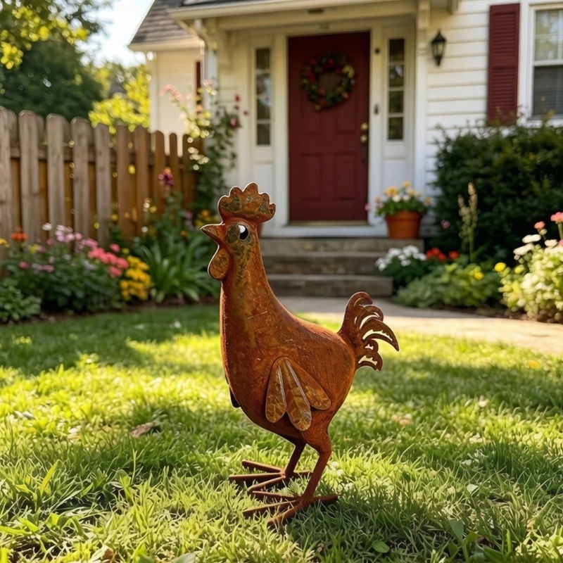 Antique Metal Chicken Figure for Table Display, Iron Bird Statue with Wing Detail for Porch Shelf, Entry Table, and Study Corner