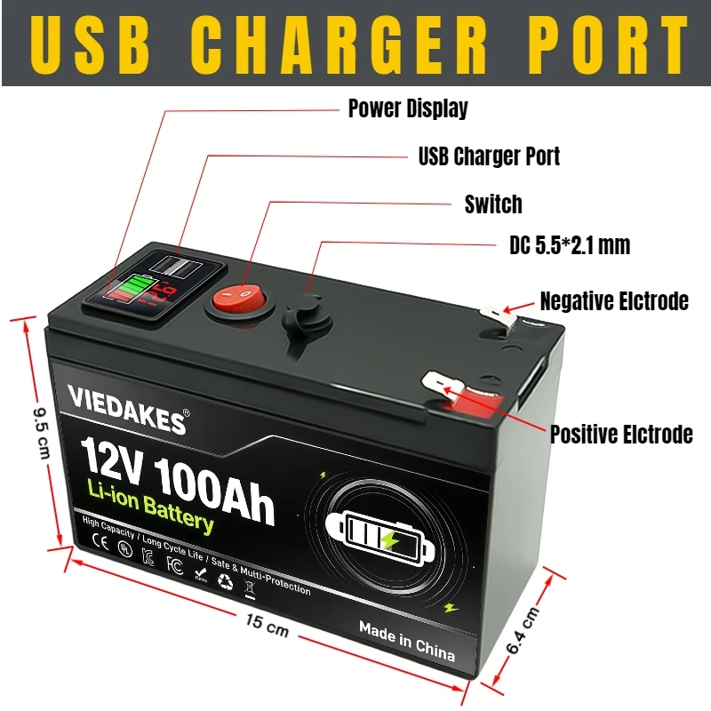 VIEDAKES 12V 10.5Ah LiFePO4 Rechargeable Battery Light Weight for Solar Generator RV Camping Emergency Power