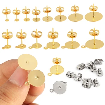 50-100 Uds. Pendientes de poste en blanco de acero inoxidable dorado, alfileres de Base con tapón para pendientes, accesorios para oreja trasera para fabricación de joyas DIY