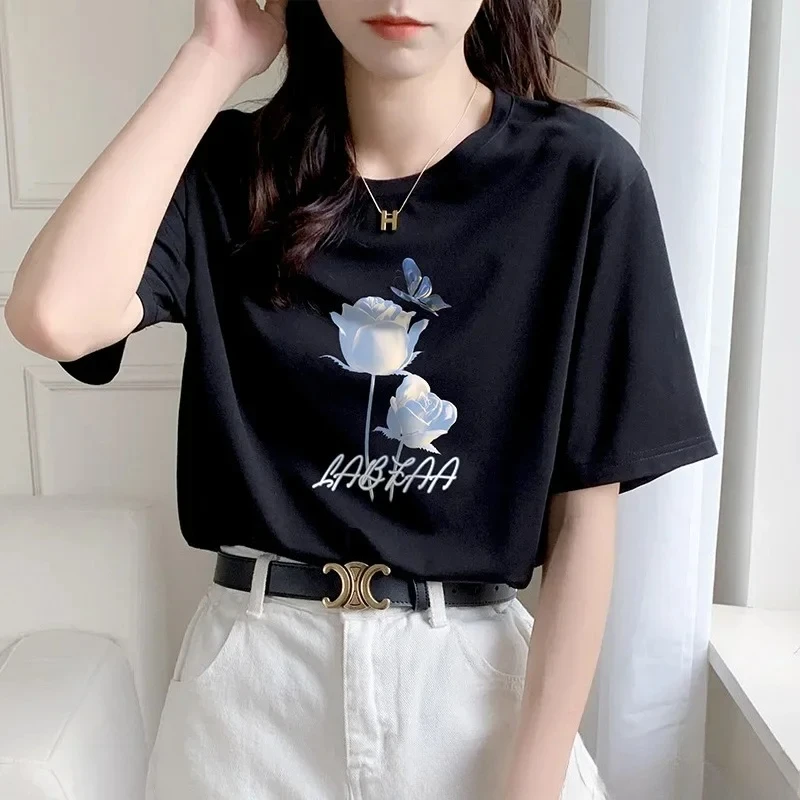 Summer White Pure  Short Sleeve T-Shirt Women's  Elegant Unique Rose Print  Fashionable