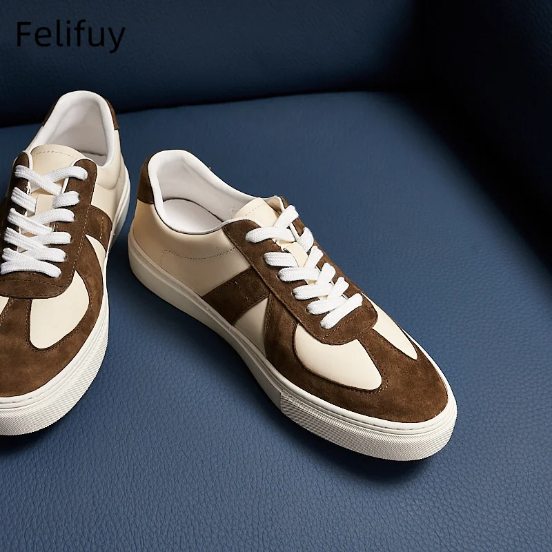Designer Men Sneakers Patchwork 100% Real Leather Cowhide Casual Shoes Lace Up White Flat Walking Shoes Luxury Men Black Trainer