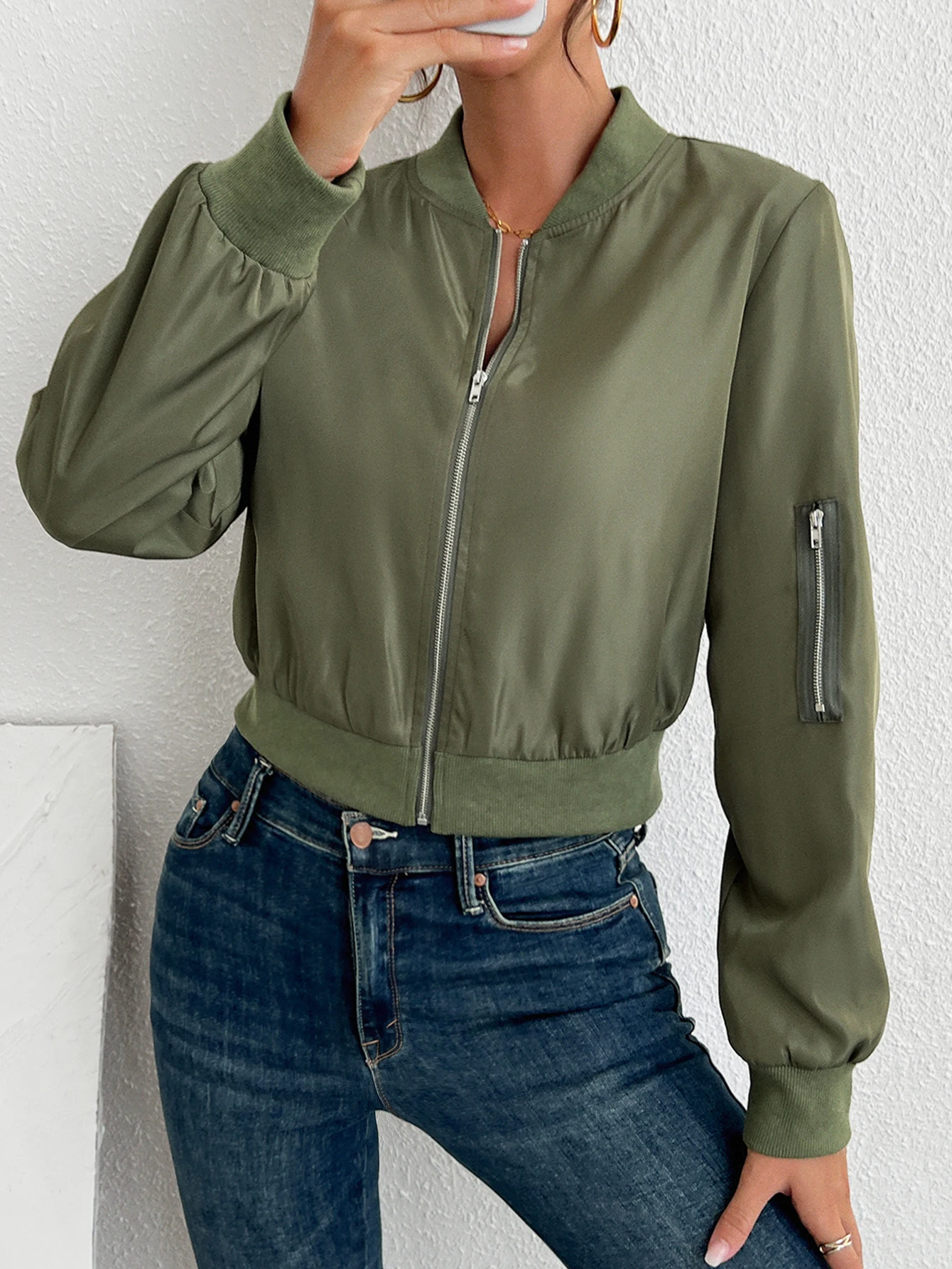 

TRAF Woman Bomber Jacket Coat Green Autumn Winter Zipper Baseball Aviator Cropped Jackets for Women Long Sleeve Crop Outerwear