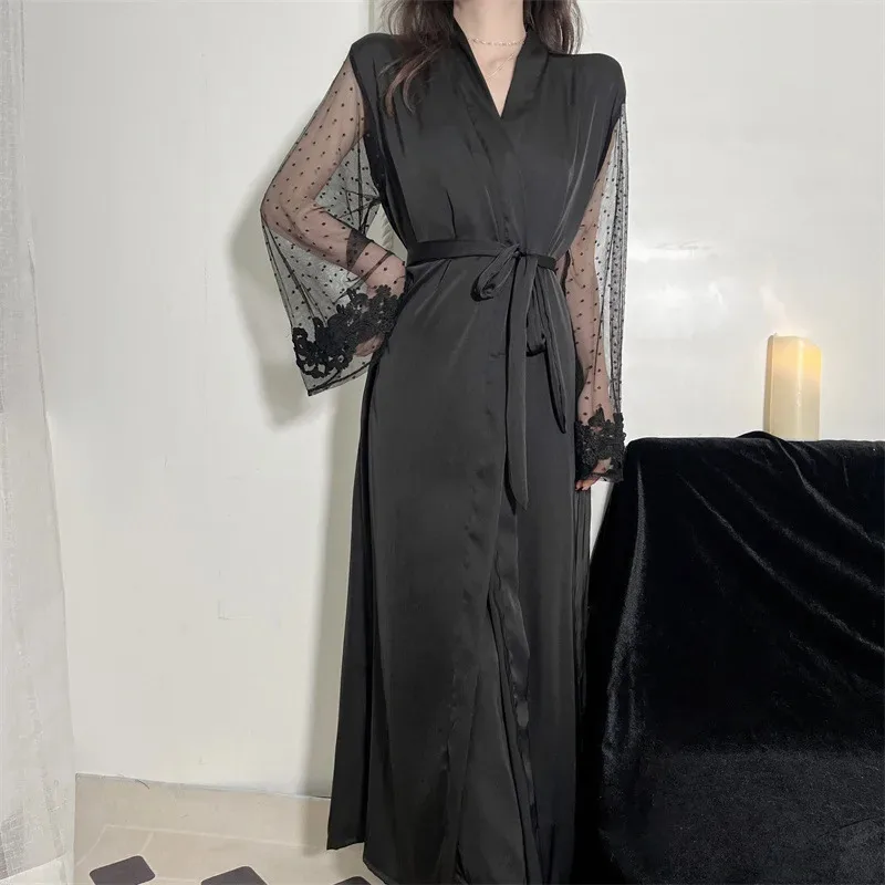 

Bride Bathrobe V-Neck Nightgown Women Kimono Dressing Gown Homewear Summer Lace Hollow Out Robe Sleepwear Long Loungewear d'4o